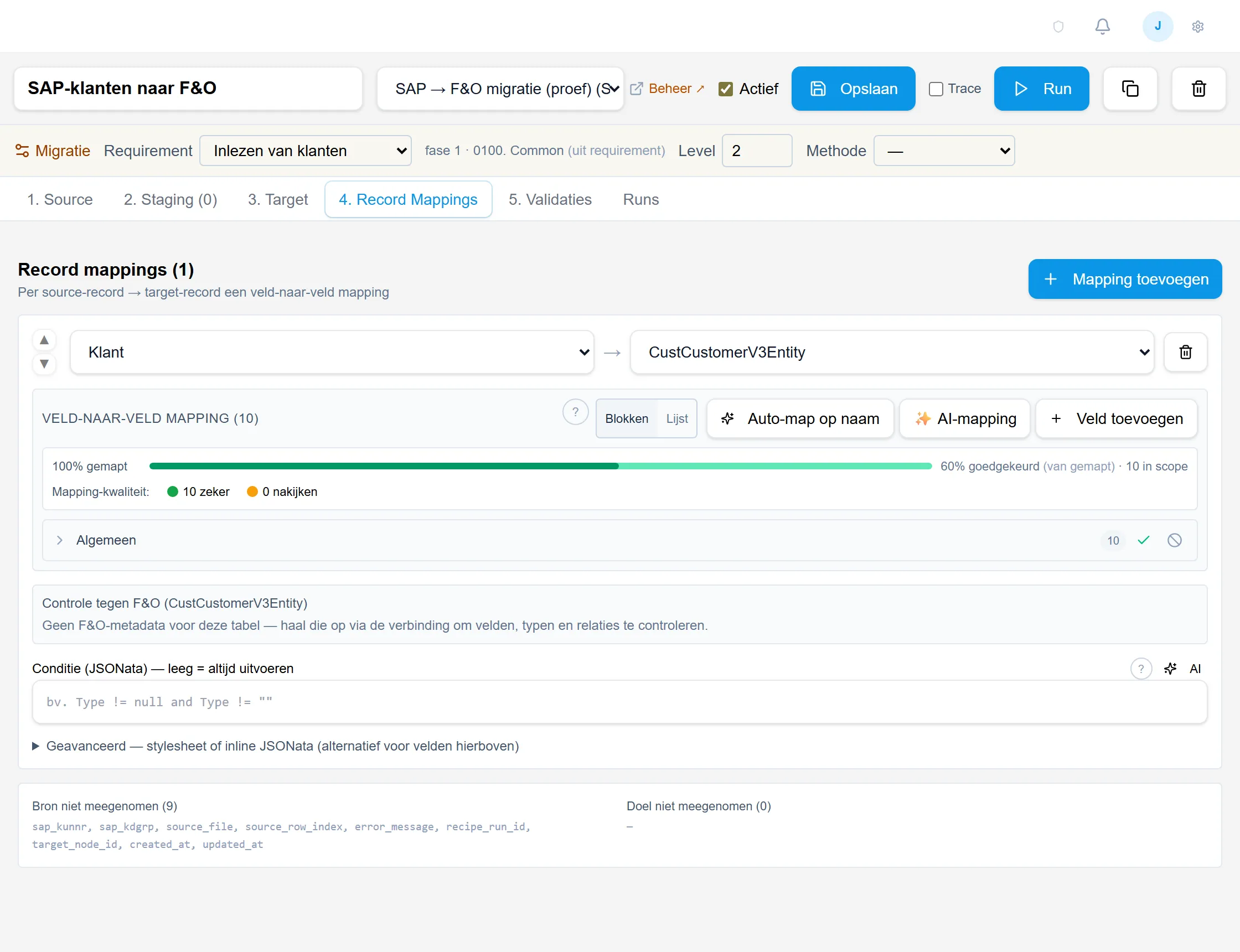Een mapping van bronrecord naar F&O-entiteit, met automatisch koppelen op naam, AI-mapping en een controle tegen de F&O-metadata.