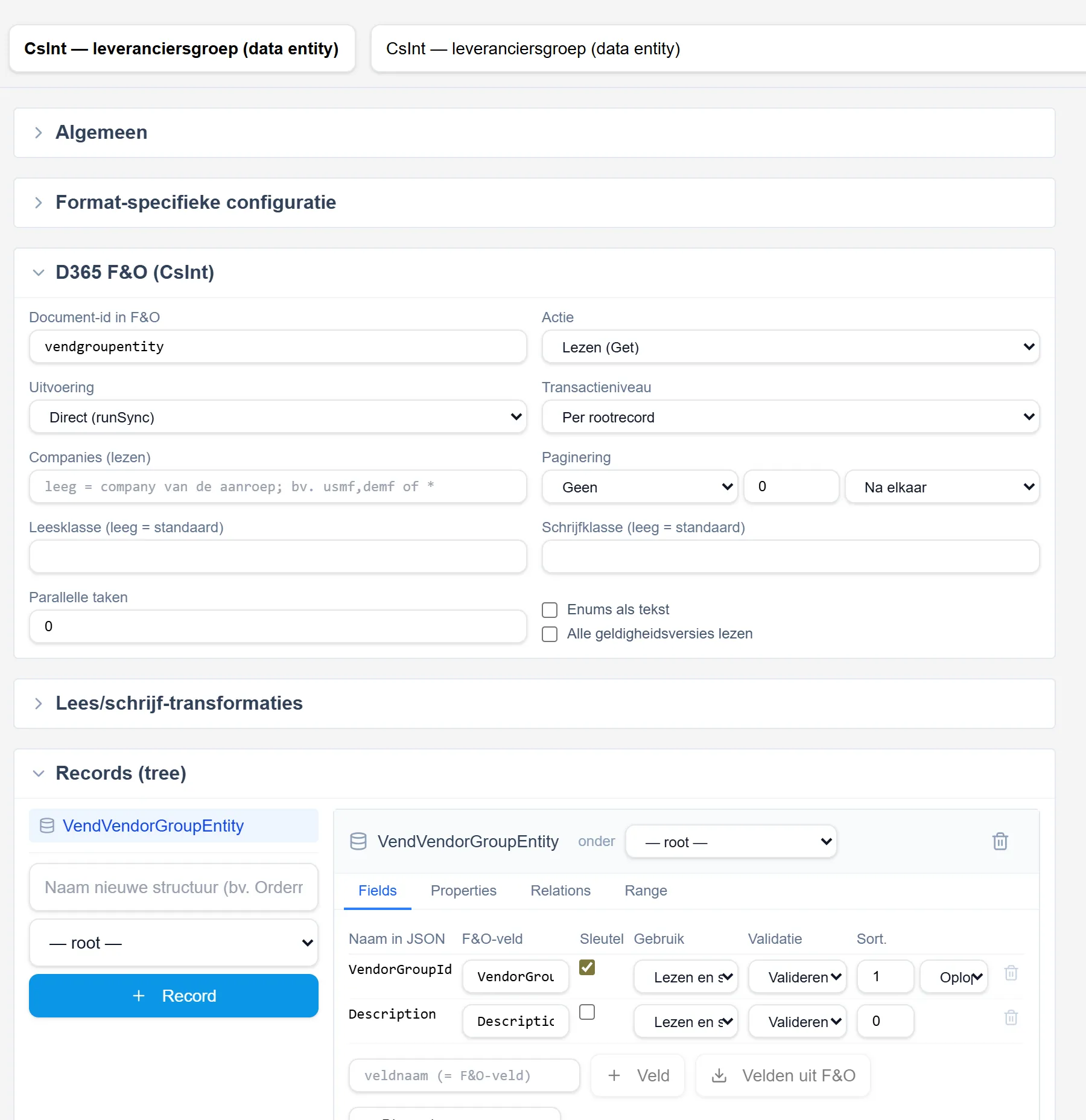 Een F&O-document in Engasy: lezen uit de data entity VendVendorGroupEntity, met de velden VendorGroupId en Description.