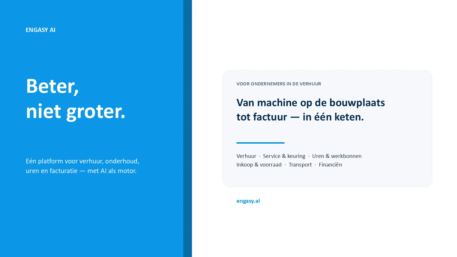 Dia 1 van 22: Beter, niet groter — Engasy AI voor de verhuurwereld