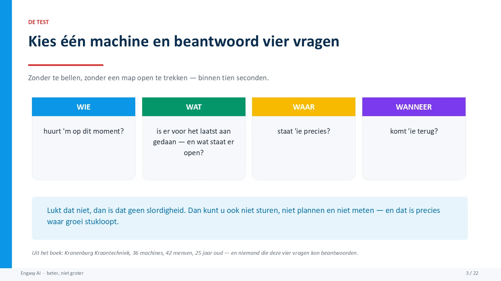 Dia 3 van 22: Kies één machine en beantwoord vier vragen